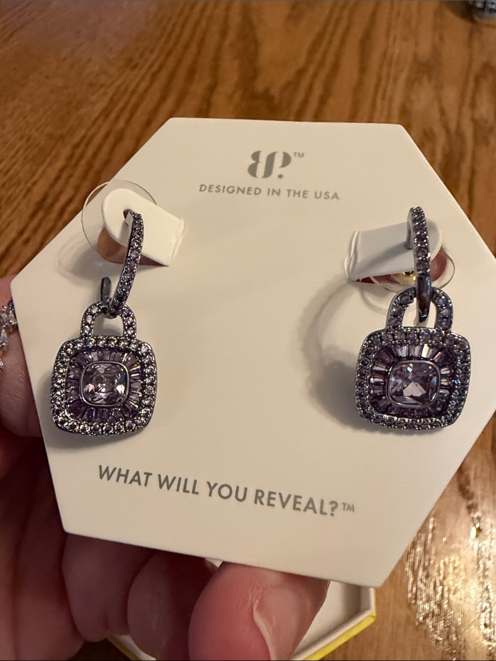 bp Purple Crystal Square Drop Earrings - Silver Tone